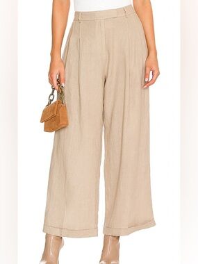 Free People Wide Leg Tan Linen Pants Size 10 with Pockets Front Pleated